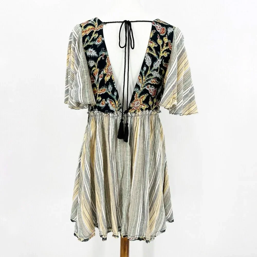 Free People Under The Sun Tunic Top Size S Women Boho Chic Flowy Tie Back Summer